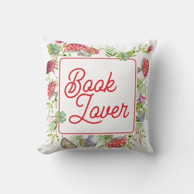Whimsical Book Lover Mushroom Throw Pillow (Front)