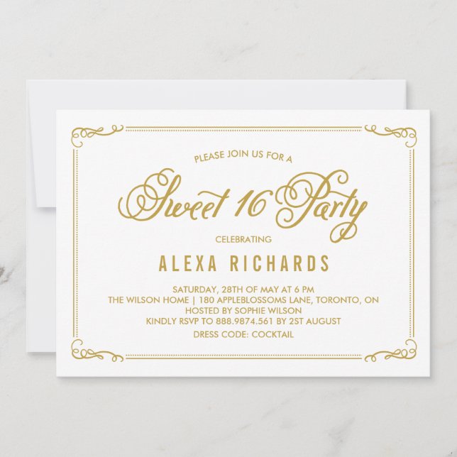 Whimsical Border and Script | Gold Sweet Sixteen Invitation (Front)
