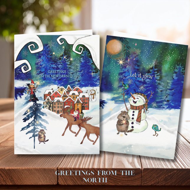 Whimsical Boreal Lights Nordic Village New Year Holiday Card (Whimsical Boreal Lights Nordic Village New Year Holiday Card)