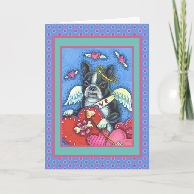 WHIMSICAL BOSTON TERRIER CUPID, CUTE DOG VALENTINE HOLIDAY CARD (Front)