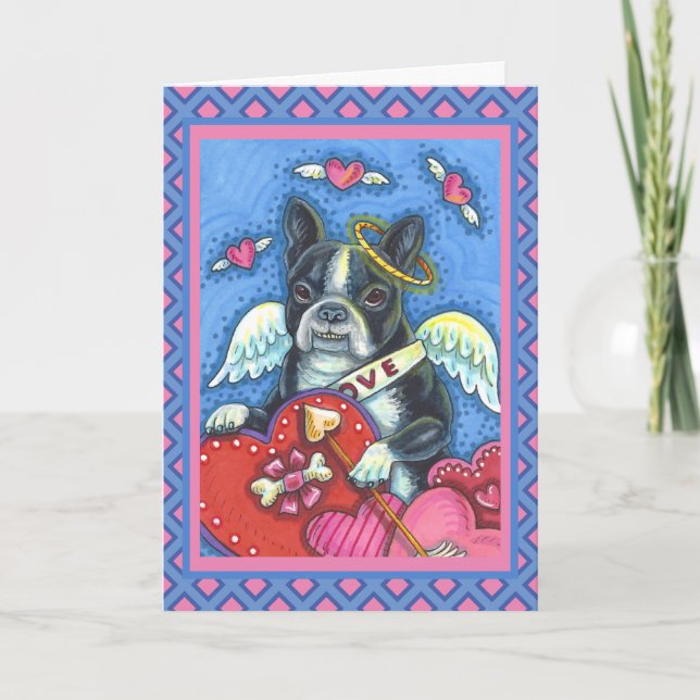 WHIMSICAL BOSTON TERRIER CUPID, CUTE DOG VALENTINE HOLIDAY CARD (Front)