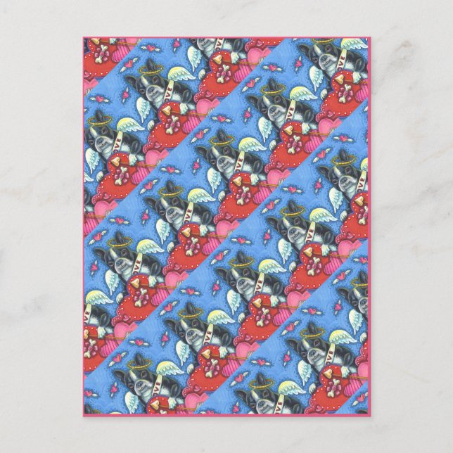 WHIMSICAL BOSTON TERRIER CUPID, CUTE DOG VALENTINE HOLIDAY POSTCARD (Front)