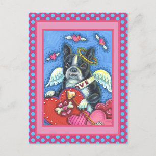 WHIMSICAL BOSTON TERRIER CUPID, CUTE DOG VALENTINE HOLIDAY POSTCARD