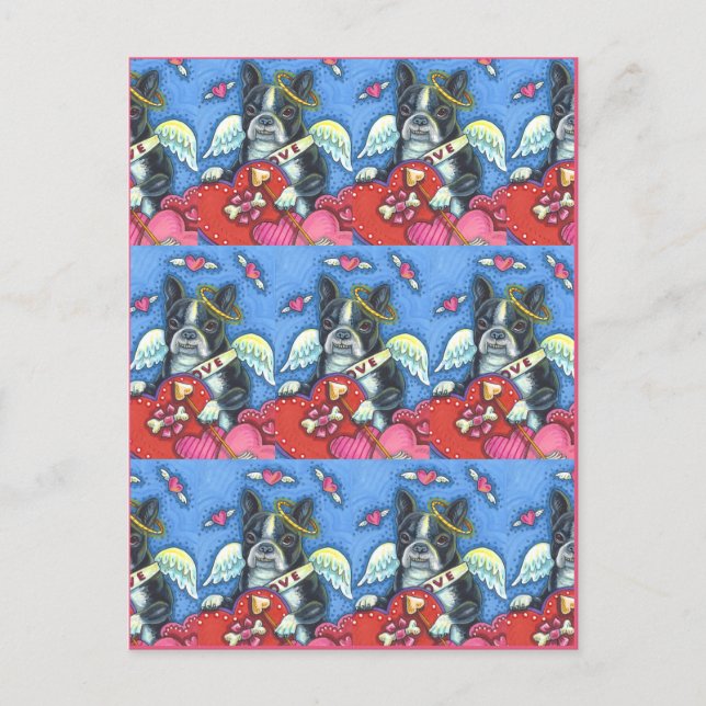 WHIMSICAL BOSTON TERRIER CUPID, CUTE DOG VALENTINE HOLIDAY POSTCARD (Front)