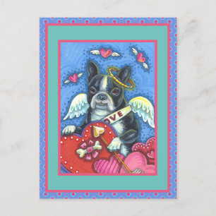 WHIMSICAL BOSTON TERRIER CUPID, CUTE DOG VALENTINE HOLIDAY POSTCARD
