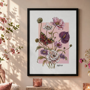 Whimsical Botanical Butterfly Floral Art Poster