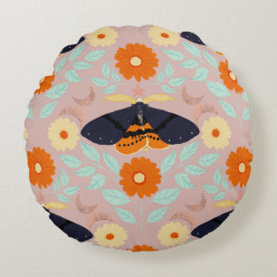 Whimsical Botanical Moth Collection   Cozy Art Round Pillow