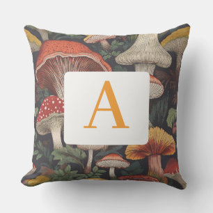 Whimsical Botanical Mushroom Pattern with Monogram Outdoor Pillow