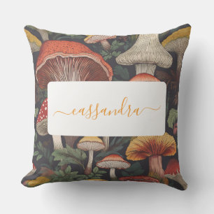 Whimsical Botanical Mushroom Pattern with Name Outdoor Pillow