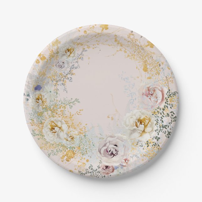 whimsical botanical pink baby shower monogram paper plate (Front)