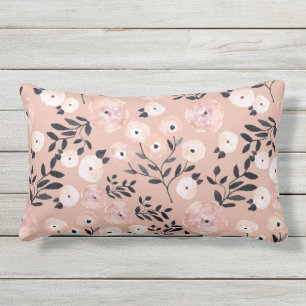 Whimsical Botanical Print Blush Pink Outdoor Lumbar Pillow