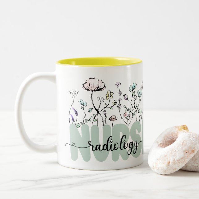 Whimsical Botanical Wild Flowers Radiology Nurse Two-Tone Coffee Mug (With Donut)