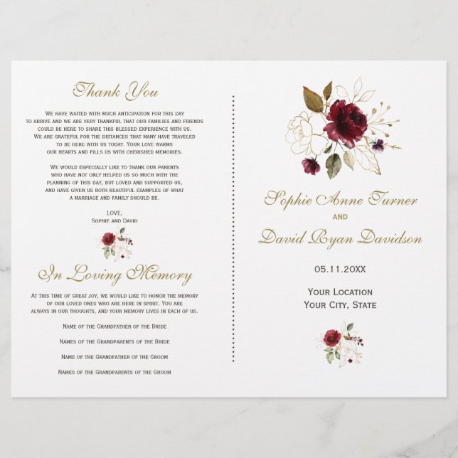 Whimsical Bourgogne Gold Flowers Programme de mari (Devant)