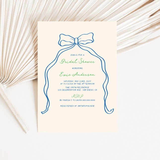 Whimsical Bow Blue Green Handwritten Bridal Shower Invitation (Creator Uploaded)