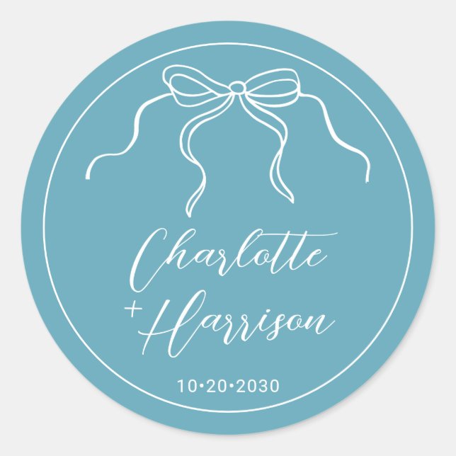 Whimsical Bow Border Wedding  Classic Round Sticker (Front)