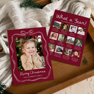Whimsical Bow Burgundy Year in Review Photo Holiday Card