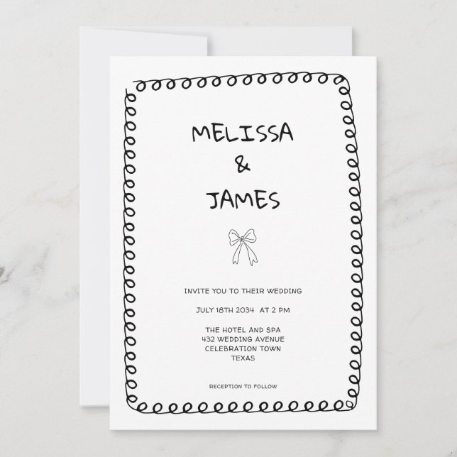 Whimsical Bow Doodle Hand Drawn Wedding Invitation (Front)