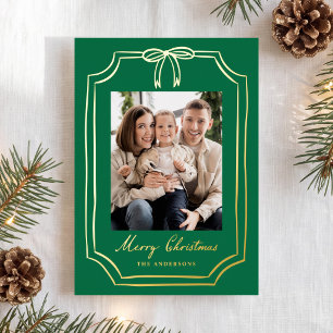 Whimsical Bow Frame Green Christmas 5 Photo Foil Holiday Card
