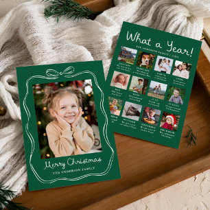 Whimsical Bow Green Year in Review Photo Holiday Card