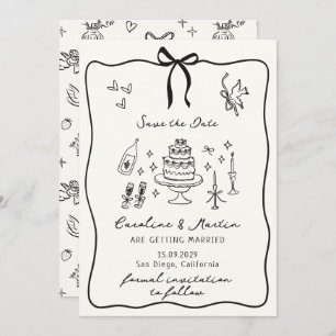 Whimsical Bow, hand drawn wedding save the date Invitation