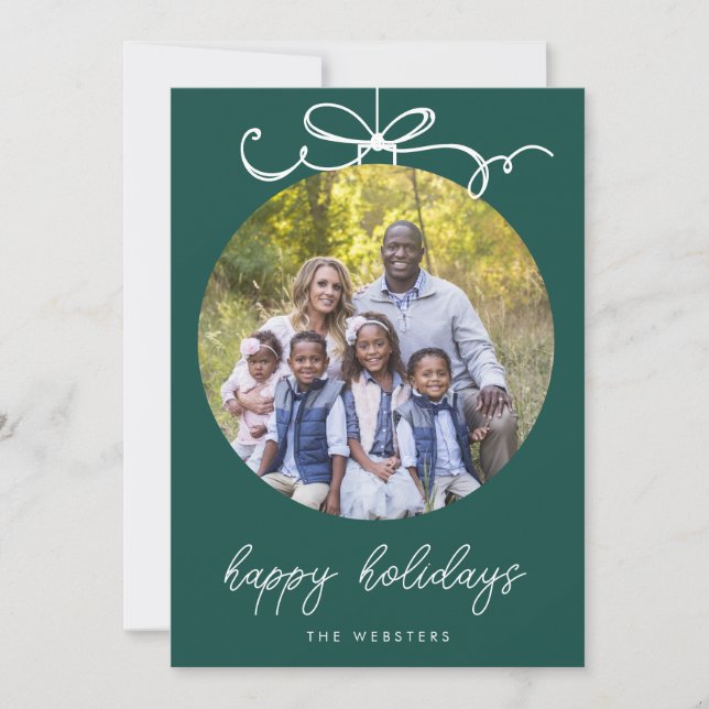 Whimsical Bow Ornament  Jade Green Photo Holiday Card (Front)