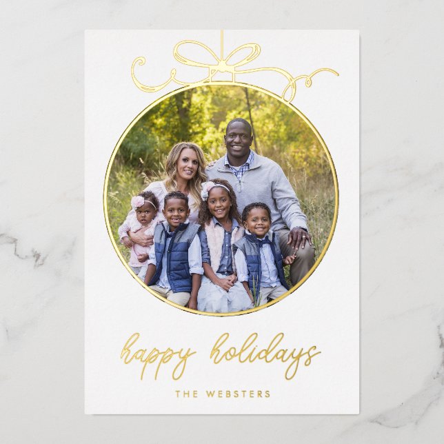 Whimsical Bow Ornament Photo Foil Holiday Card (Front)