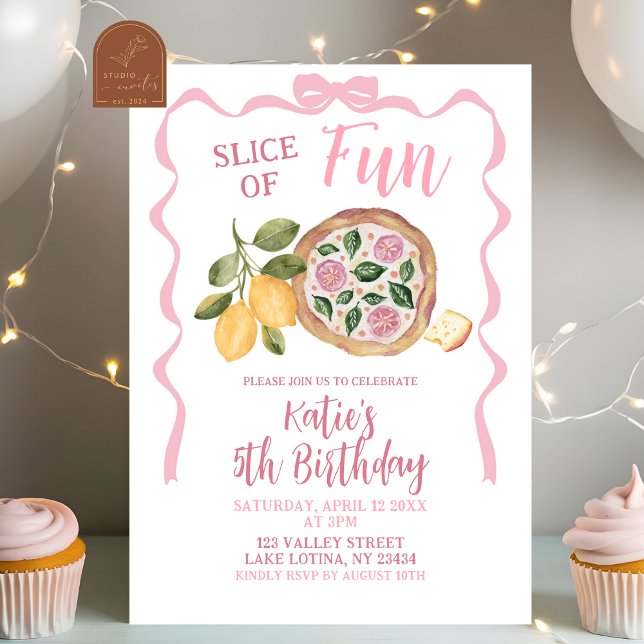 Whimsical Bow Pizza Girl Birthday Party Invitation (Creator Uploaded)