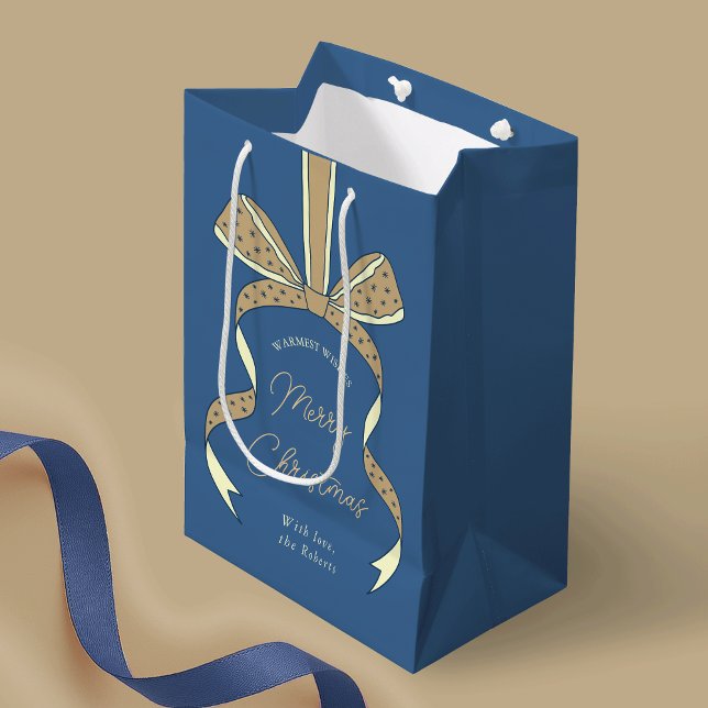 Whimsical Bow & Ribbon Blue Beige Merry Christmas Medium Gift Bag (Dusty blue and cream whimsical ribbon and bow custom name Christmas gift bag)
