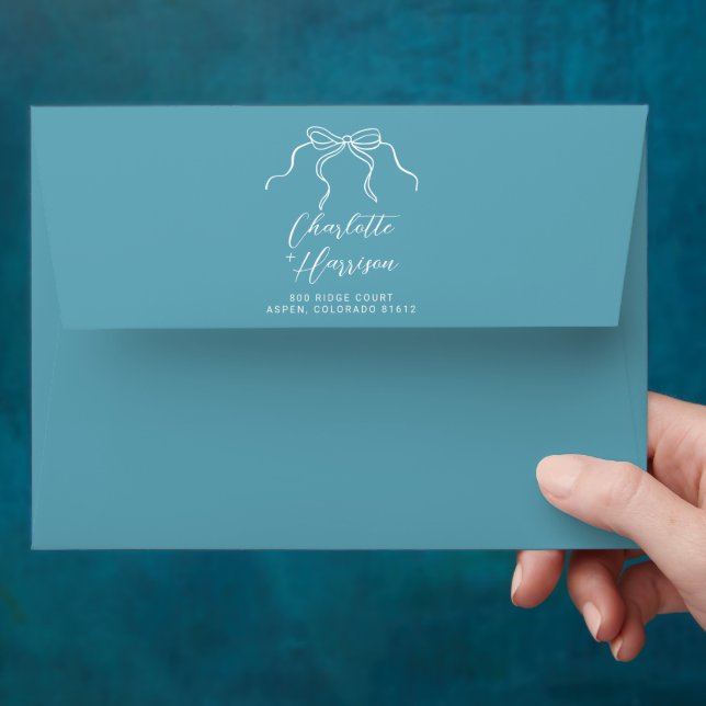 Whimsical Bow Wedding Blue Return Address Envelope (Hand)