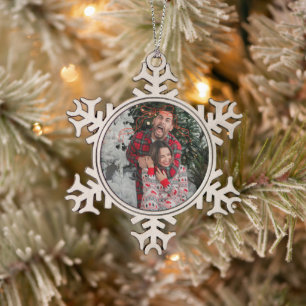 Whimsical bow with photo snowflake pewter christmas ornament