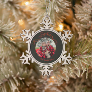 Whimsical bow with photo snowflake pewter christmas ornament