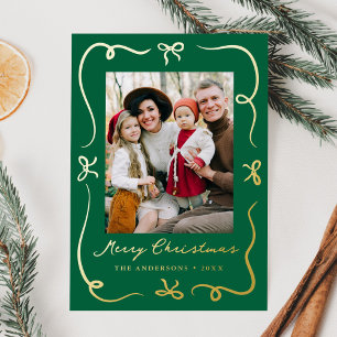 Whimsical Bows Green Photo Foil Holiday Card