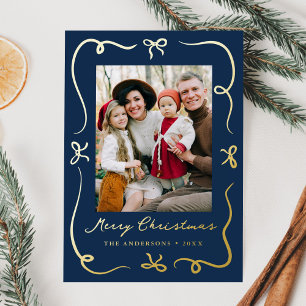 Whimsical Bows Navy 2 Photo Foil Holiday Card