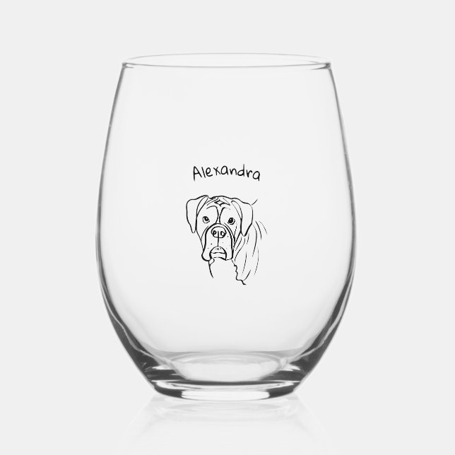 Whimsical Boxer: Editable Text Line Art Stemless Wine Glass (Front)
