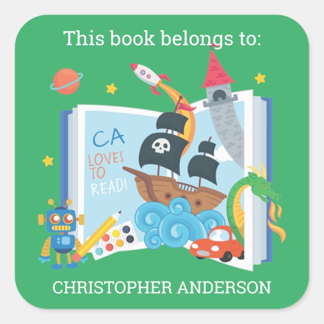 Whimsical Boy Bookplate Square Sticker (Front)