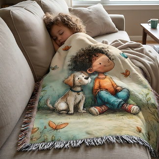 Whimsical Boy & Dog Butterfly Throw Blanket