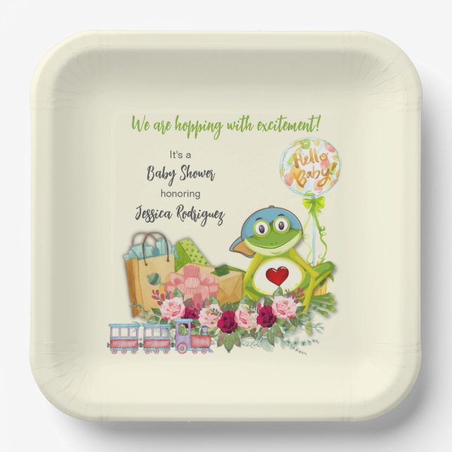 Whimsical Boy Frog Baby Shower Personalized Paper Plate (Front)