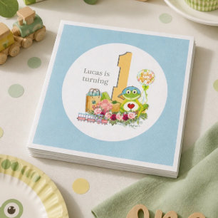 Whimsical Boy Frog   Personalized Birthday Paper Napkin