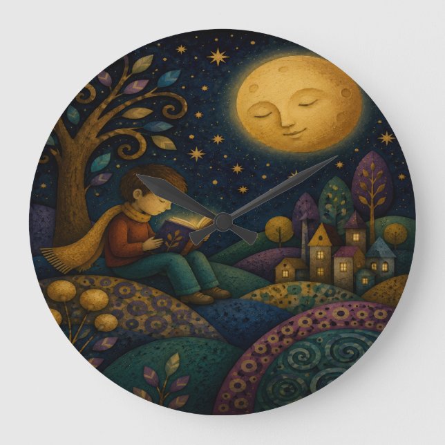 WHIMSICAL BOY READING UNDER MOON LARGE CLOCK (Front)