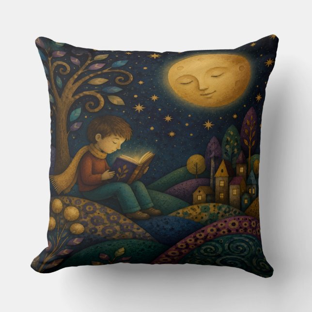 WHIMSICAL BOY READING UNDER MOON THROW PILLOW (Front)