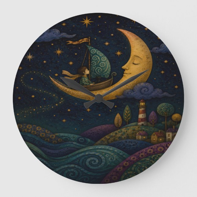 WHIMSICAL BOY SAILING GOLDEN CRESCENT MOON LARGE CLOCK (Front)