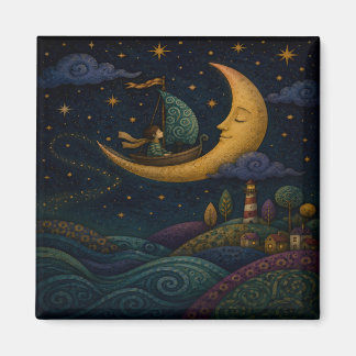 WHIMSICAL BOY SAILING GOLDEN CRESCENT MOON MAGNET