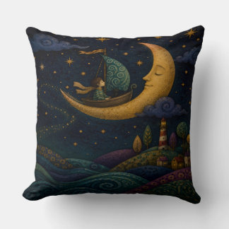 WHIMSICAL BOY SAILING GOLDEN CRESCENT MOON THROW PILLOW