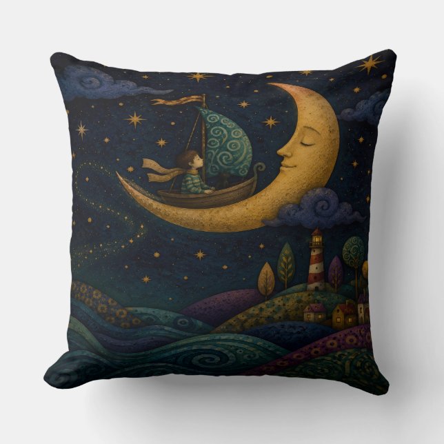 WHIMSICAL BOY SAILING GOLDEN CRESCENT MOON THROW PILLOW (Front)