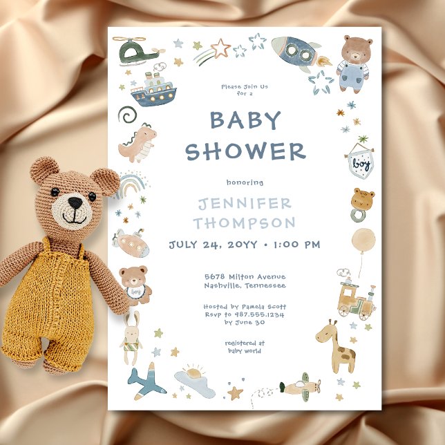 Whimsical Boy Watercolor Doodle Baby Shower Invitation (Whimsical Oh Boy Watercolor Doodle Baby Shower Invitation)