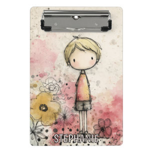 Whimsical Boy Watercolor with Floral Accents (2) Mini Clipboard