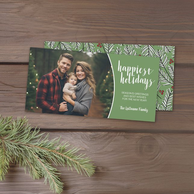 Whimsical Branches with Horizontal Photo Holiday Card (Holiday Photo card with 1 Photo and Green and White Accents. Download Option Available.)