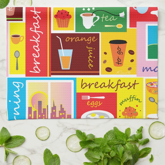 Whimsical Breakfast Pattern Kitchen Towel (Folded)
