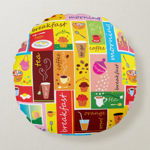 Whimsical Breakfast Pattern Round Pillow