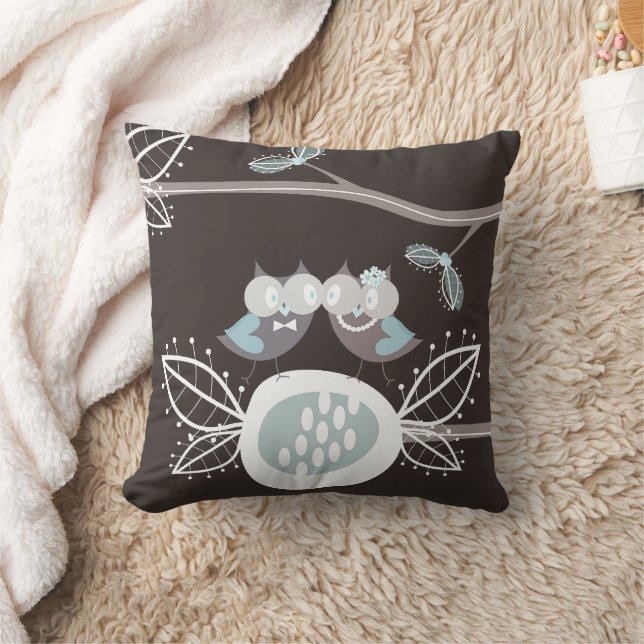 Whimsical Bride & Groom Blue Wedding Owls On Tree Throw Pillow (Blanket)